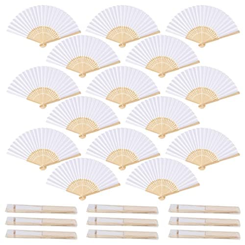 iZoeL 24 Abanicos Blanco Boda Invitados Mano, Abanicos de Papel Plegables con Varillas de Madera, Incluye 24 Bolsas de Organza, Detalles de Bodas para Invitados Fiesta Verano