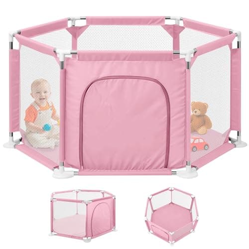 JUPPLIES Parque Infantil Bebe 127x127cm Hexagonal – Corralito Bebe con Malla Transpirable – Parque de Juegos Bebe con Puerta Lateral – Playpen Bebe sin Pelotas