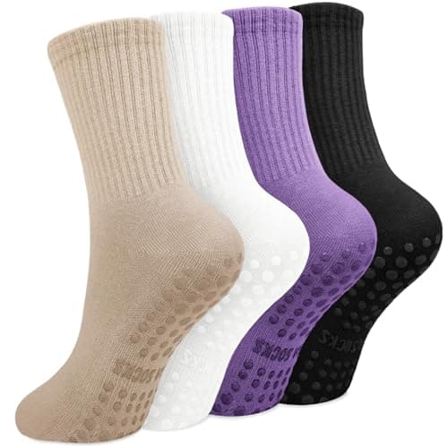 Yikki 4 pares de Calcetines Pilates Mujer Antideslizantes, Suaves Reformadores para Yoga, Baile, Fitness, Gimnasio, Ballet, Trampolín uso Doméstico y Hospital, Talla única (Caqui/Blanco/Púrpura/Negro)