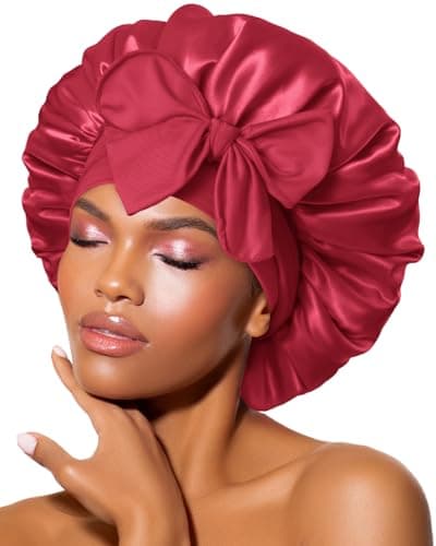 BONNET QUEEN Gorro de Seda para Dormir Suave y Protector Gorro Saten Pelo Rizado con Lazos Largos Ajustables Silk Bonnet Antiencrespamiento, Borgoña