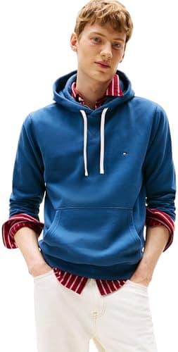 Tommy Hilfiger Hoodie Hombre Seasonal Fleece con Bolsillo Canguro, Azul (Aegean Sea), XS