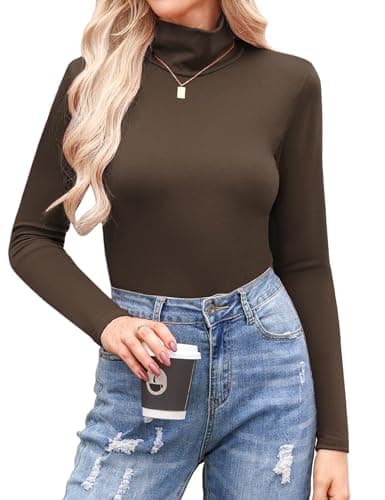 Aottori Camiseta Cuello Alto Mujer Manga Larga Básica Tops Elegante Algodón Cuello Vuelto Ropa Interior Ajustado Elástico Liso Ligero Túnica Shirts Marrón XXL
