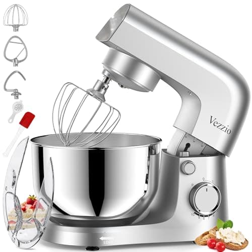 Vezzio Batidora Amasadora,1500W|4.5 L Amasadora de Pan Para Repostería,Bol de Acero inoxidable de Amasador,Batidor,Varillas y Protección Para Salpicaduras 10 Velocidades Repostería Profesional