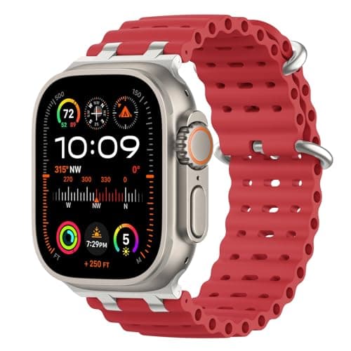 MoKo Correa Ocean Compatible con Apple Watch Ultra 3/2/1 49 mm, S11/S10 46 mm, 9/8/7 45 mm, SE3/SE2/SE/6/5/4 44 mm, 3/2/1 42 mm, Correa Deportiva de Silicona Transpirable, Plata/Rojo