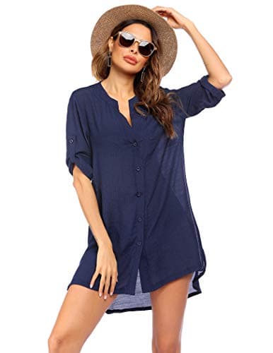 Ekouaer Vestido Playa Mujer Casual Cuello en V Traje de Baño de Falda Bikini Cubrir Vestido Bañador Sarongs con Bolsillos, Azul Marino, XXL