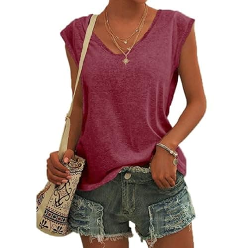 EDOTON Mujer Manga Corta Camiseta Cuello V Casual Crop Tops Mangas Sueltas Tops Sueltas Camisetas Sin Mangas Túnicas para Mujer (XL,Vino Rojo)