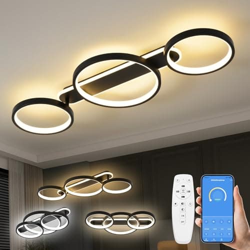 Plafon led techo,lámpara de techo regulable con mando a distancia APP,lampara techo salon ajustable en forma de anillo con 3 luces Lámpara de araña,36W 3000-6500K lampara techo para dormitorio,negro