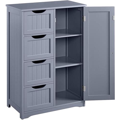 Yaheetech Mueble Baño con 4 Cajones Armario Baño de Suelo Mueble Auxiliar de Cocina Mueble Recibidor para Salon, Estante Ajustable 56x30x82cm Gris Claro