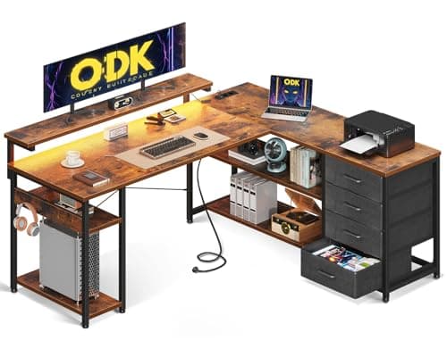 ODK Escritorio con Cajones, 135×110 cm Escritorio Esquinero Reversible con 2 Enchufes y 2 Puertos USB, Mesa de Oficina en Forma de L con LED para Oficina en Casa, Madera Vintage