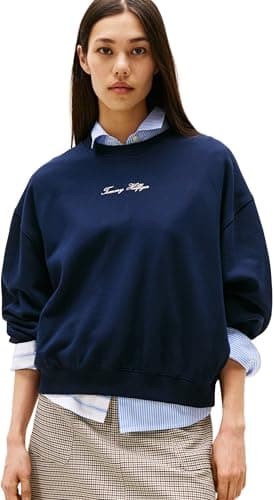 Tommy Hilfiger Sudadera Mujer Classic Script Terry con Cuello Redondo, Azul (Dark Night Navy), XXL