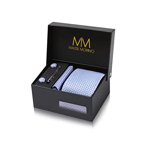 Massi Morino Corbata Azul Claro con Pañuelo | Set de Corbata para Hombre incl. Gemelos, Pasador y Caja de Regalo | Accesorios ideal para Bodas