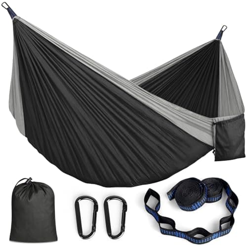 Hamaca Colgante Exterior Amaca Tela Paracaidista Ultraligera con Mosquetones y Correas Ajustables para Camping Jardin Terraza, 295x140cm, Capacidad 350kg, Negro y Gris