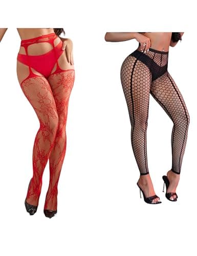 comeondear Medias con Liguero Sexy Mujer Rojo,3XL-5XL y Medias Mujer Rejilla Negro,3XL-5XL
