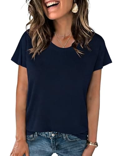 Crewhpo Camisetas de Verano para Mujer Cuello Redondo Manga Corta Basica Blusas Color Sólido Elegante Casual Túnica Top tee Shirts Talla Regular