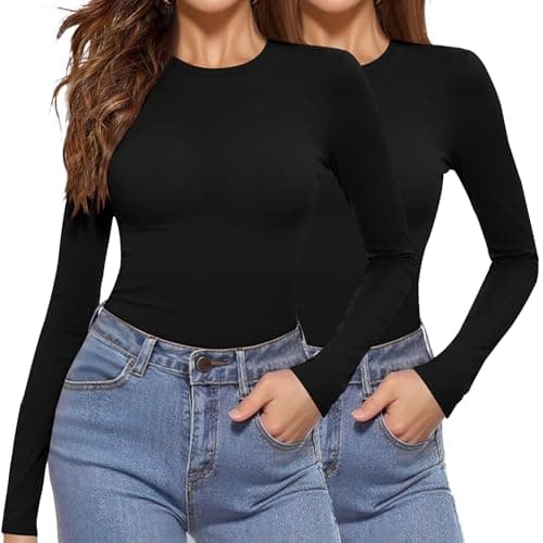 Aottori Pack de 2 Camiseta Interior Mujer Cuello Redondo Manga Larga Básica Camisetas Elegant Elástica Ajustada Ligera Ropa Interior Térmica Tops Negro+Negro XS