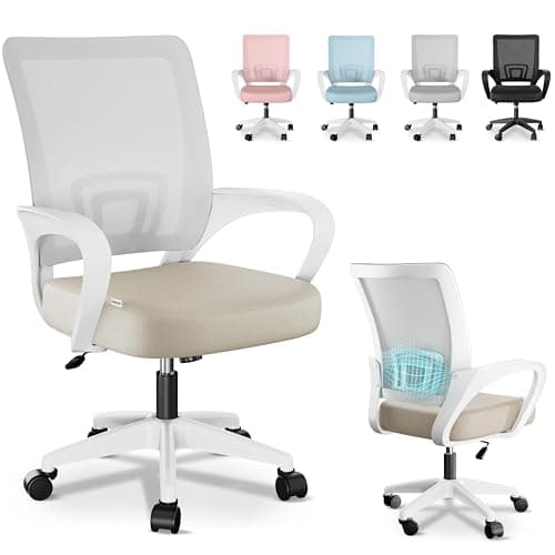 JUPPLIES Silla Escritorio Ergonomica - Silla Oficina con Apoyo Lumbar, Estructura de Plastico, Malla Transpirable, Ruedas Giratorias 360° Soporta hasta 110kg (Beige)