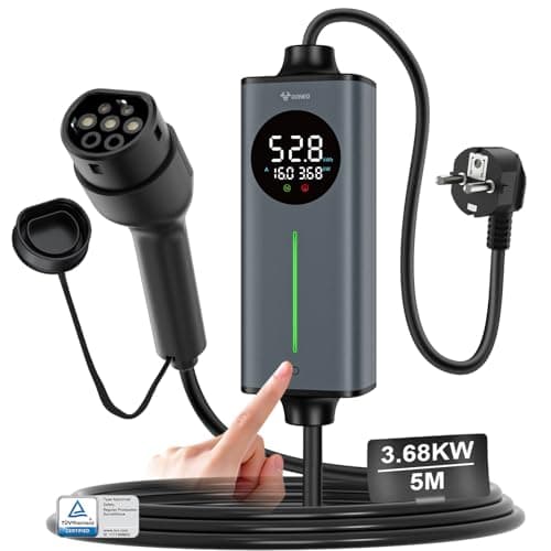 GONEO Cargador Coche electrico Tipo 2 schuko monofásico 16A 3,68kw 5M | Sensor de Temperatura y Tierra detección | AC 30mA+DC 6mA Protección | Tiempo y Corriente Ajustables,estación de Carga portátil