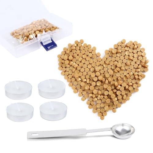 AiQInu 320 Pcs Perlas de Cera para Sellar, Varillas Octogonales, Kit Con 1 Cuchara de Fusión y 4 Velas, Barras Lacre para Letras Sellos Invitaciones Parcelas