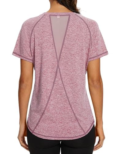 Gyabnw Camiseta Deportiva para Mujer Camisetas de Gimnasia Espalda Malla Ajuste Holgado Yoga Camiseta para Correr Ligera Que Absorbe la Humedad Cuello Redondo Manga Corta para Damas