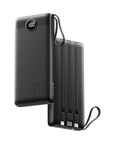 VRURC Power Bank 20000mAh, Powerbank con Cable de Carga Integrado USB C 22.5W PD3.0 QC4.0 Bateria Externa Carga Rapida Bateria Cargador Portátil con 4 Salidas y 2 Entradas Compatible con Smartphones