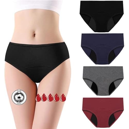 Flintronic 4PCS Bragas Menstruales Flujo Abundante de Mujer, Bragas Menstruales Mujer Absorbentes, Bragas de Reglas, para Regla Periodo Mentruación Hipsters, Lavables, Algodón, 4 Colores L