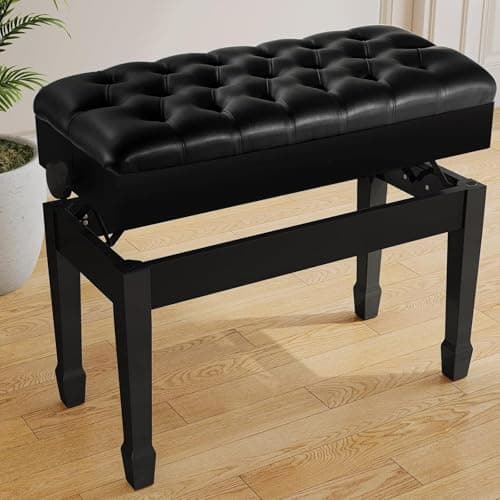 LIFERUN Banqueta Piano Doble, Regulable en Altura 50-58 cm, Taburete de Piano con Espacio de Almacenamiento, Patas Curvas de Madera Taburete Teclado, Cojín de Asiento Engrosado, Carga 200KG, Negro