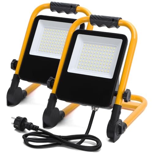 Aigostar Foco de Trabajo LED 50W 4500LM Foco LED Portátil con Enchufe, IP65 Impermeable Soporte plegable, para Uso en Interiores y Exteriores, para Obra, Taller, Garaje,6500K Luz Blanca, 2 pcs
