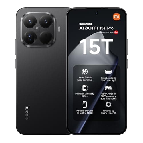 XIAOMI 15T Pro - Smartphone de 12+512GB, Lente óptica Leica Summilux, MediaTek Dimensity 9400+, Pantalla Eye Care de 6,83" 144 Hz, HyperCharge de 90W, Cargador no Incluido, Negro (Versión ES)