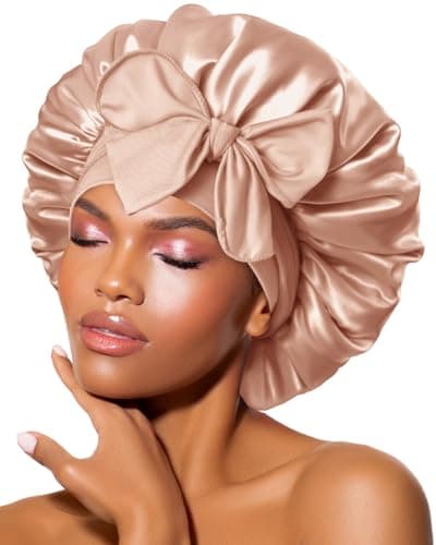 BONNET QUEEN Gorro de Seda para Dormir Suave y Protector Gorro Saten Pelo Rizado con Lazos Largos Ajustables Silk Bonnet Antiencrespamiento, Champán