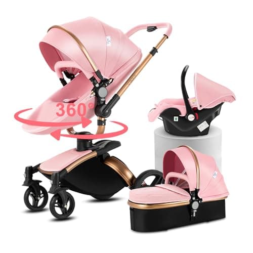 Doraystar 360° Rotación Cuero PU Carro Bebe 3 Piezas, Carrito Bebe 3 en 1 Plegable con Un Solo Clic, Cochecito Bebe 3 Piezas con Capazo Grande Cómodo, Carricoche Bebe 3 Piezas Alto Paisaje (906 Pink)