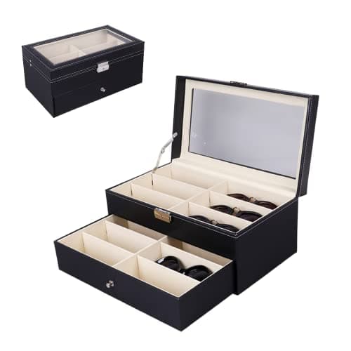MAGIC SELECT Caja para Gafas con 12 compartimentos. Estuche de Gafas de Sol con Tapa de Cristal Transparente, Cierre con Llave, Cajón y Suave Forro Interior. Caja de Polipiel.