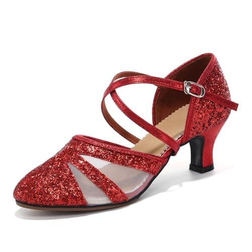 HIPPOSEUS Zapatos de Baile Latino Mujer 5 cm Tacon Bajo Rojo Lentejuelas de Salón Cerrados Salsa y Bachata Tango Calzado para Bailar, 38.5 EU