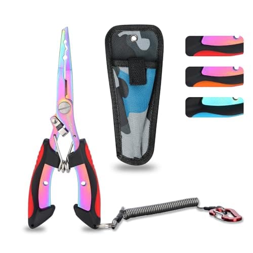 supregear Alicates de Pesca Multicolor de Acero Inoxidable, Herramienta con Anilla Partida, Removedor de Anzuelos, Cortador de Líneas, Funda, Lanyard, Equipo Resistente al Agua Salada, Rojo