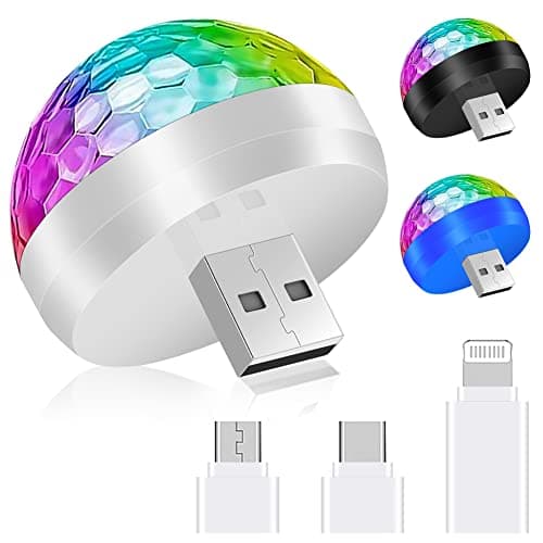 URAQT Mini Luces de Bola de Discoteca USB, 3Pcs Luces Interiores de Coche con 9 Adaptadores Luces de Bola de Discoteca Activadas por Sonido RGB de 4W, para Fiestas, Karaoke, Interior del Coche