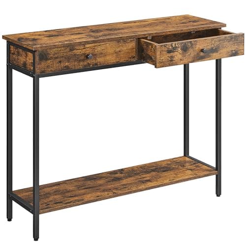 VASAGLE Mesa de Consola, Mesa de Entrada, Mesa de Sofá con 2 Cajones, Marco de Acero, Estable, para Pasillo, Dormitorio, Salón, Estilo Industrial, Marrón Rústico y Negro Tinta LNT015B01