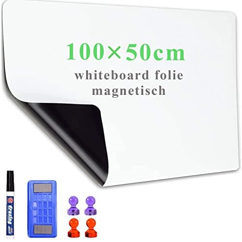 Lyzzxi Rollo Pizarra Blanca Magnética, 50x100cm Papel Pizarra Adhesiva Pared, incluye Rotuladores y Borrador Magnetica, Para Escribir en Superficies Lisas en la Escuelas, Oficinas