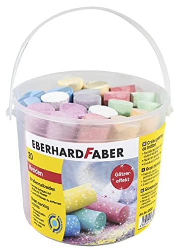 Eberhard Faber 526520 - Tiza de carretera cubo de purpurina de 20, 6 colores brillantes Tiza de carretera con efecto purpurina