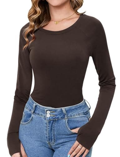 Crewhpo Camiseta Mujer Manga Larga Básica Top Cuello Redondo Blusas Shirt con Orificios para los Pulgares Clásico Elegante Causal Sólido Camisetas Interior