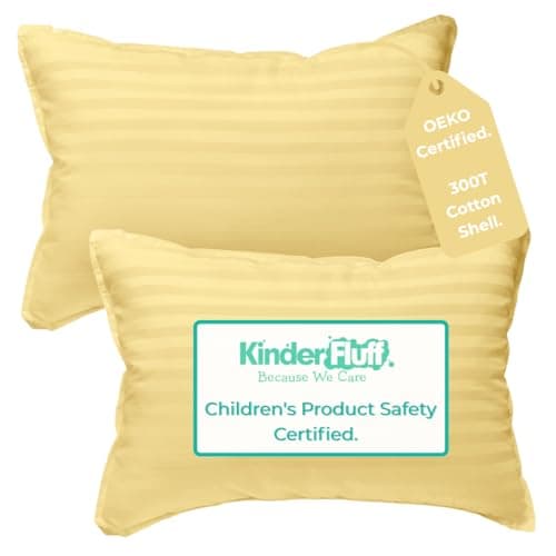 kinder Fluff Children Pillow (2Pack) 25x38cm - First Pillow for Kids Age 2+, 100% Cotton Sateen Stripes Shell 300T, Down Alternative Fill, Machine Washable - Children & Travel Cushion - Yellow - XS
