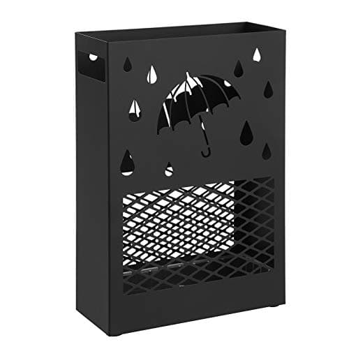 SONGMICS Paragüero de Metal, Soporte de Paraguas, Rectangular, con Bandeja de Agua Extraíble, 4 Ganchos, Diseño Tallado, para Entrada, Oficina, Negro LUC004B01
