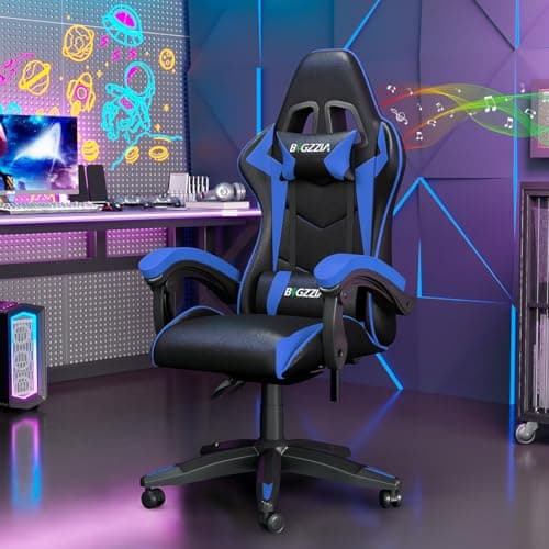 bigzzia Silla Gaming con Cojín Lumbar y Reposacabezas, Silla Gaming Regulable en Altura, para Oficina, Silla Gamer Ergonómica para Adultos y Adolescentes (Bluetooth, Blue)
