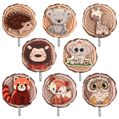 Sprifityy 8 unidades de percheros infantiles, Ganchos de Madera Autoadhesivos, Percheros con Forma de Animal para Niños, Ganchos de Pared de Madera, Regalo Decorativo para Habitación Infantil