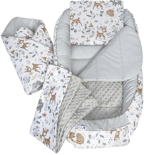 Medi Partners Nido Bebe Recien Nacido Reductor de Cuna - 100x60x15 Juego de 5 Piezas bebés anticolicos Bilateral Portátil o de Viaje 100% Algodón (Ciervo con Minky Gris)