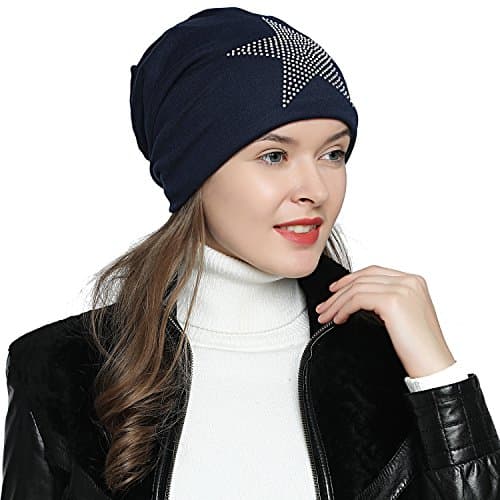 DonDon Gorro Mujer Gorro Invierno con Estrellas estrás e Forro Polar Interior - Azul Oscuro