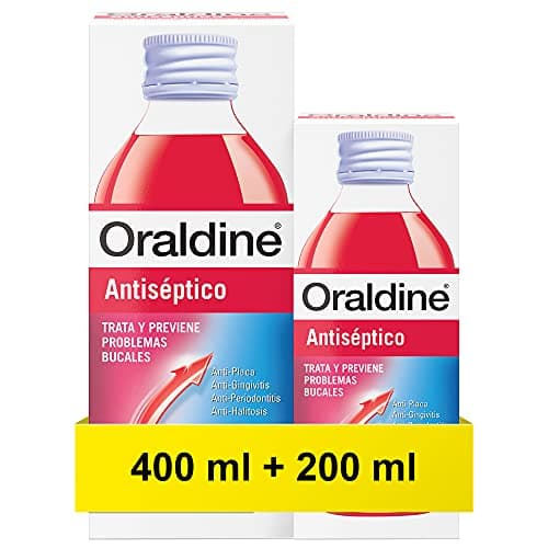 Oraldine Antiséptico Uso Diario (Pack 400 y 200 ml), enjuague bucal con doble poder antibacterial, colutorio encías que elimina la placa, colutorio bucal anti periodontitis, gingivitis y halitosis