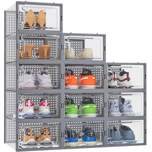 HOMIDEC 12 pcs Cajas Zapatos, Organizador Zapatos de Plástico Transparente Apilables, Contenedores Organizadores de Zapatos con tapas para Mujeres/Hombres,Gris