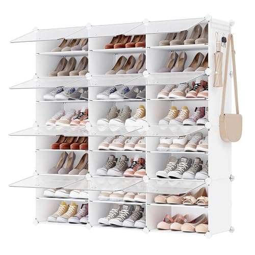 SONGMICS Mueble Zapatero Plástico, 12 Compartimentos para 48 Pares de Zapatos, con Puertas, Estructura de Acero y Estantes de Plástico, Armario para Dormitorio, Blanco Nube y Transparente LPC040W01