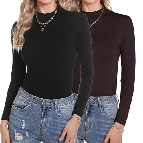 Aottori Camiseta Cuello Alto Mujer Pack de 2 Manga Larga Ropa Interior Térmica Sólida Ligera Básica Jersey para Primavera Otoño Invierno Negro+Marrón XS