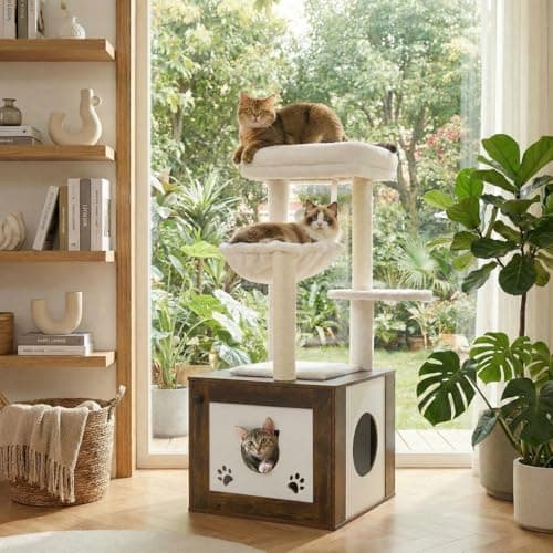 MAMIZO Árbol para Gatos con Cajón de Arena,Árbol Moderno para Gatos,Rascador Moderno 2en1,con Hamaca,Felpa Suave,Cojines Lavables,Nido para Gatos de Felpa extraíble,119 cm Alto,Color Madera de Tigre