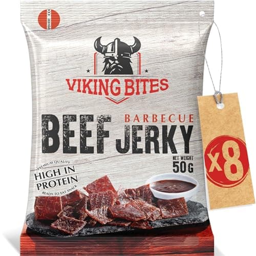Viking Bites Beef Jerky con Barbacoa 400g (8 x 50 g) - Cecina de ternera - Aperitivo de carne - Con un alto contenido de proteínas